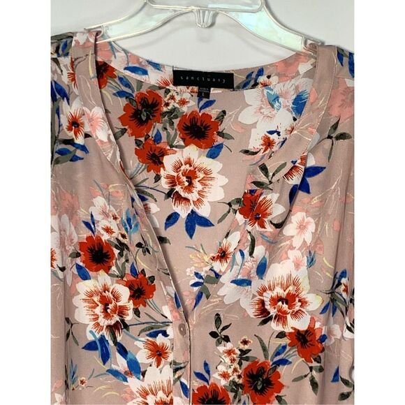 Sanctuary Women's Floral Split Neck Button Front Knot Blouse Blush Large NWOT - Picture 3 of 8